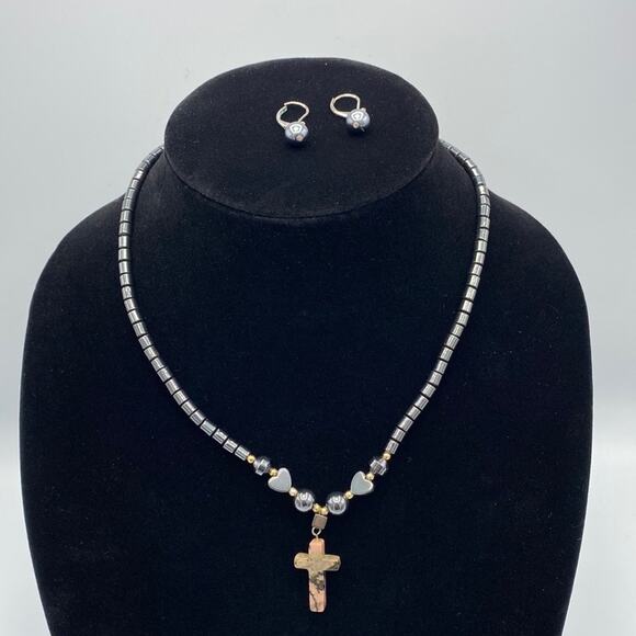 Black Hematite 17"Drum Barrel Agate Cross Pendant Faux Pearl Earring Bundle - Picture 1 of 7